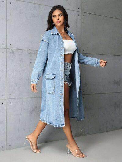 Pocketed Button Up Collared Neck Denim Top for Women