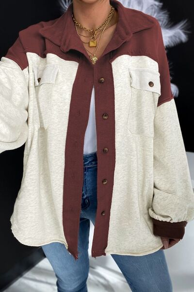 Unique Contrast Collared Pocketed Jacket with Button-Up Closure Modern Women Jacket