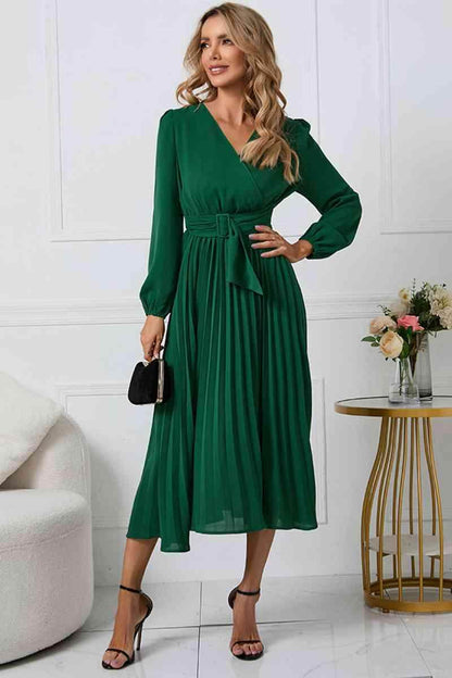 V-Neck Long Sleeve Tie Waist Midi Dress for Women