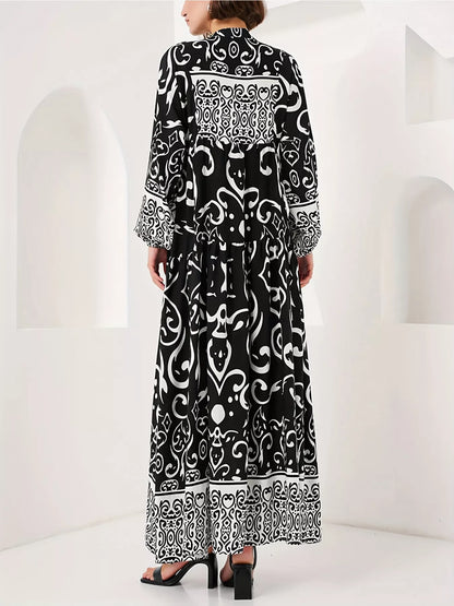 Printed Notched Balloon Sleeve Maxi Dress