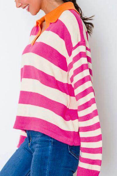 Contrast Stripes Johnny Collar Long Sleeve Sweater for Women