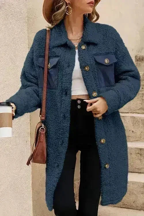 Blue Teddy Coat – Contrast Flap Pockets &amp; Single Breasted