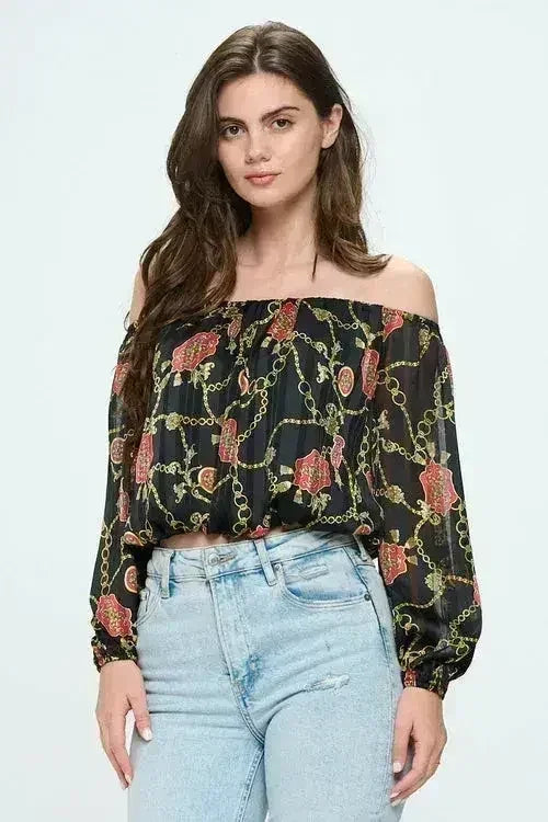 Off-Shoulder Chain Print Crop Top - Red &amp; Black Chiffon Blouse - Femstylo