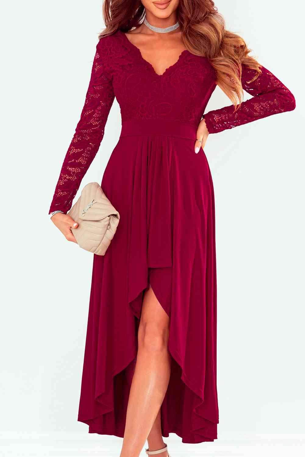 Lace High-Low V-Neck Dress for Elegant Evening Wear