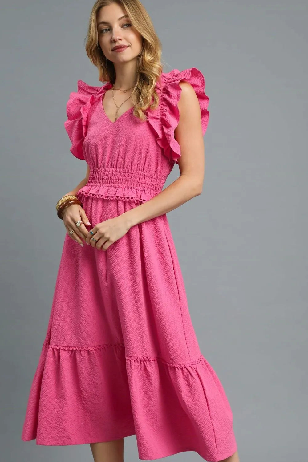Umgee V-Neck Ruffled Cap Sleeve Midi Dress