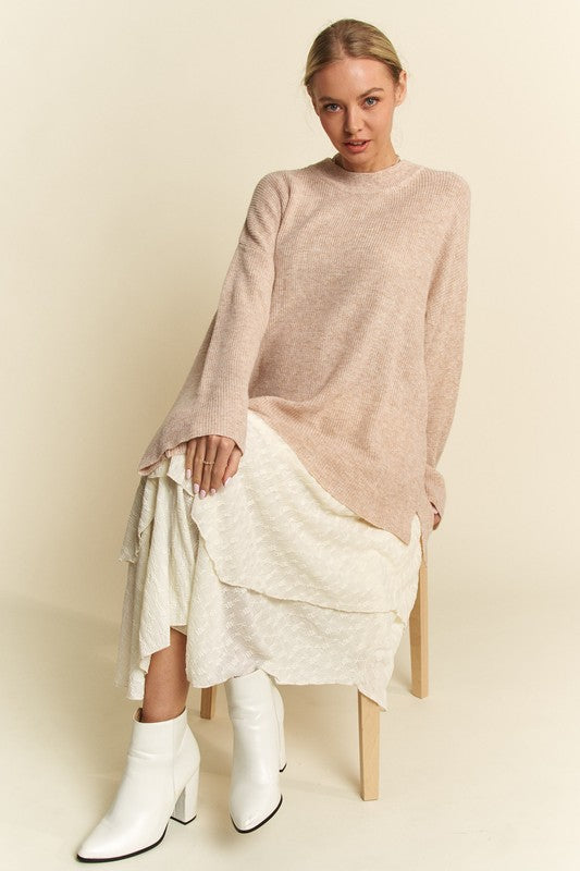 Back To School Sweater - Davi &amp; Dani High-Low Round Neck Drop Shoulder Sweater
