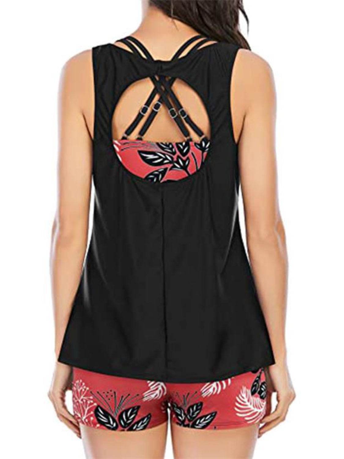 Cutout Printed Round Neck Three-Piece Swim Set
