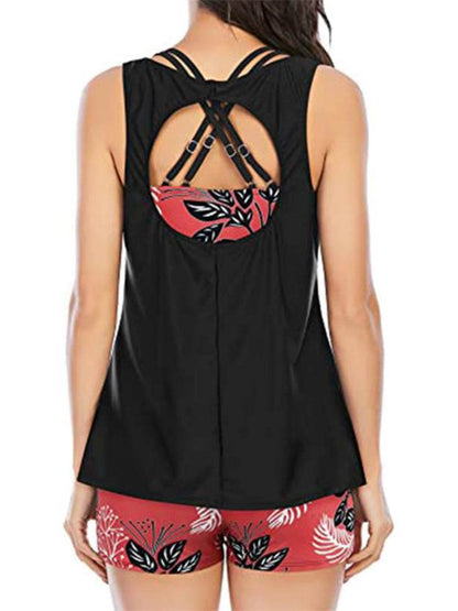 Cutout Printed Round Neck Three-Piece Swim Set