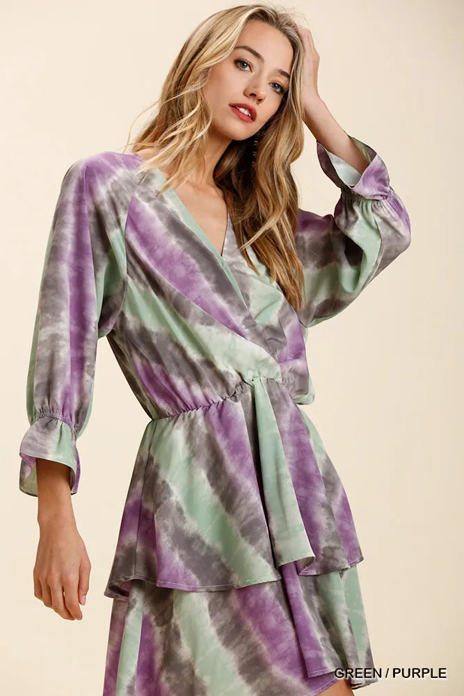 Umgee Tie Dye Ruffled Layered Dress with Elastic Waistband