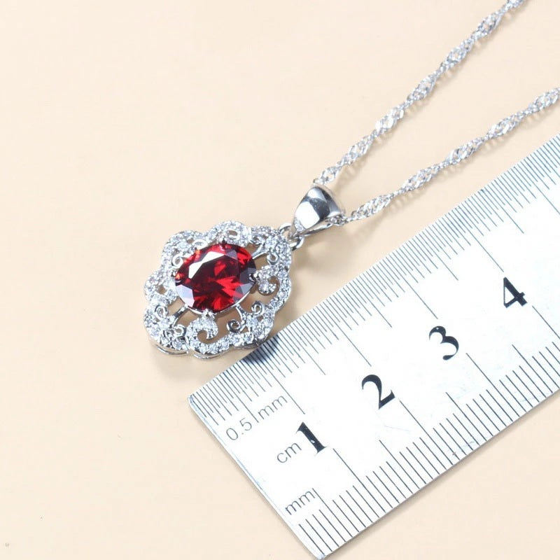 Garnet Cubic Zirconia Earrings Pendant Necklace Bracelet Ring Gift 4 PCs Set