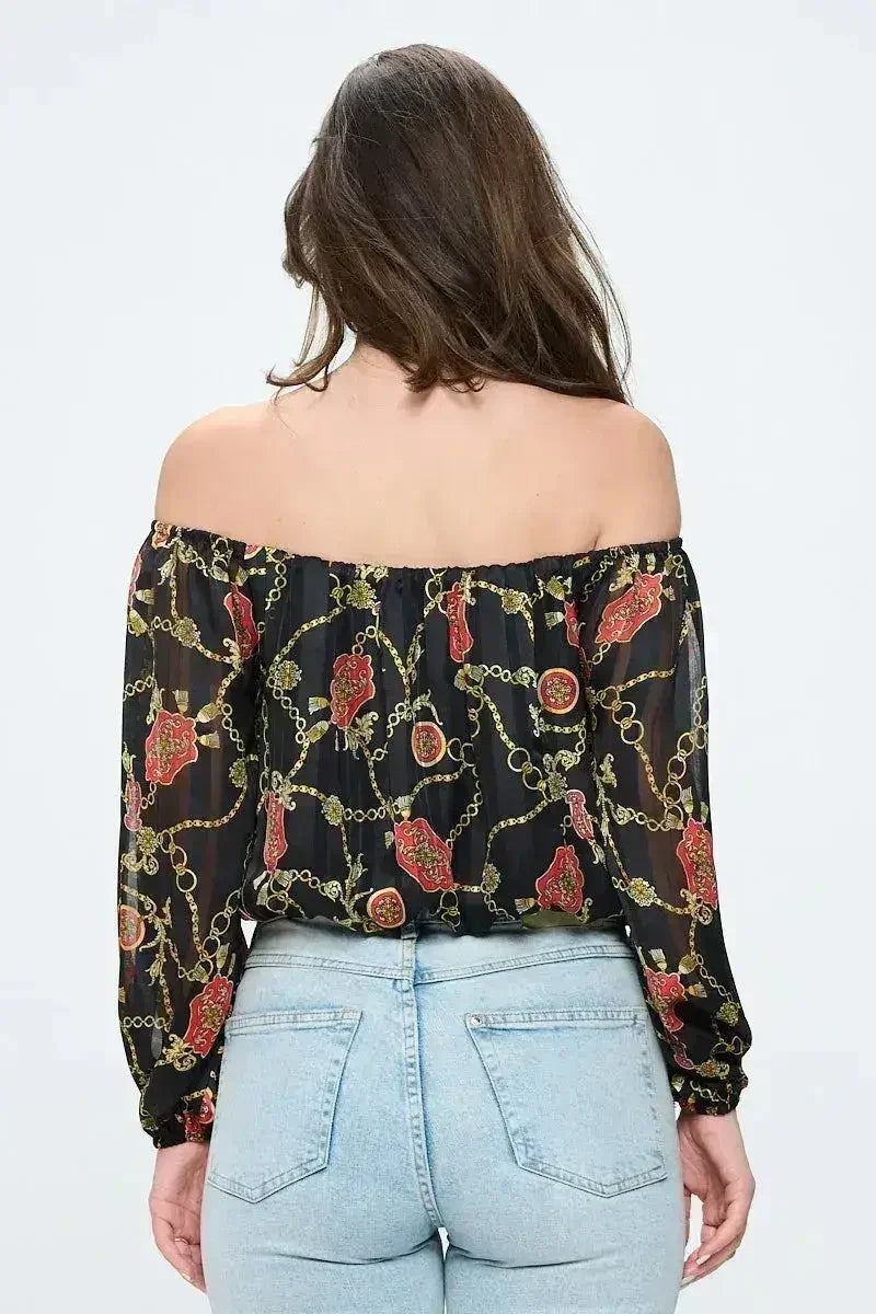 Off-Shoulder Chain Print Crop Top - Red &amp; Black Chiffon Blouse - Femstylo