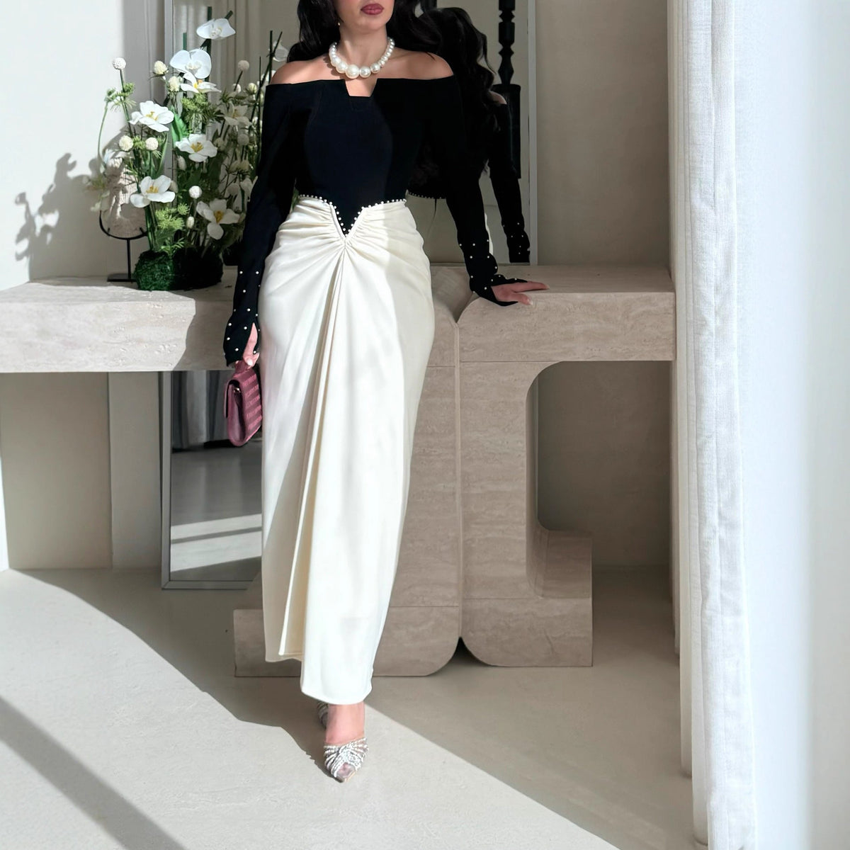 Elegant Sheath Dress With Color-blocking And Pearl Embellishments