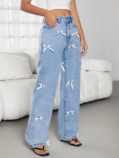 Bow Decor High Waist Wide Leg Jeans