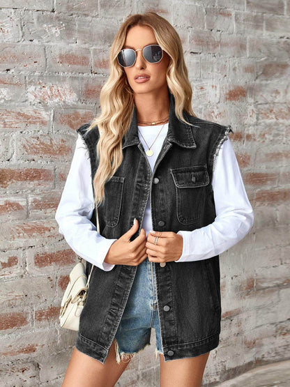 Raw Hem Sleeveless Button Up Denim Jacket for Women