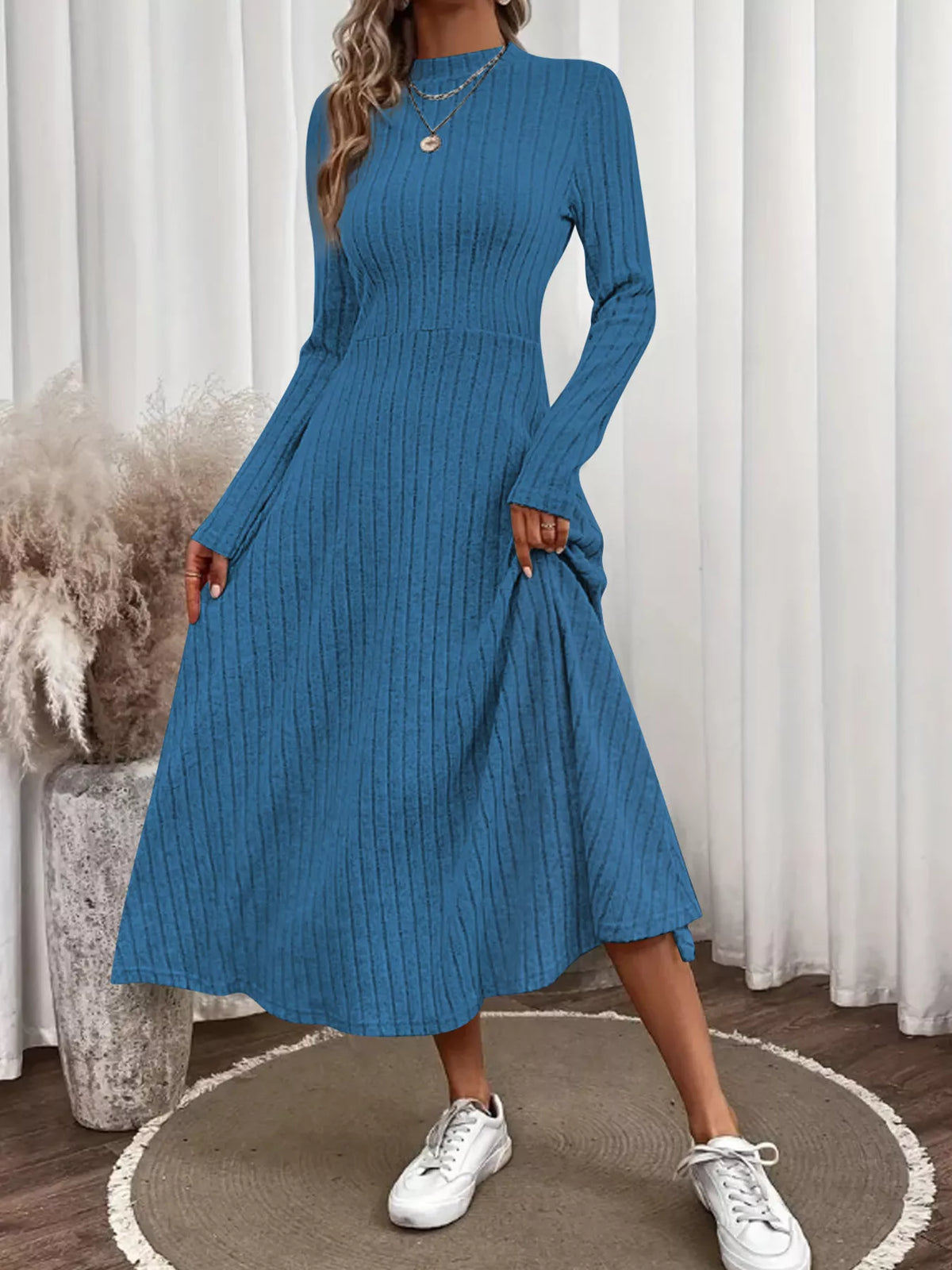 Ribbed Knit A-Line Midi Dress