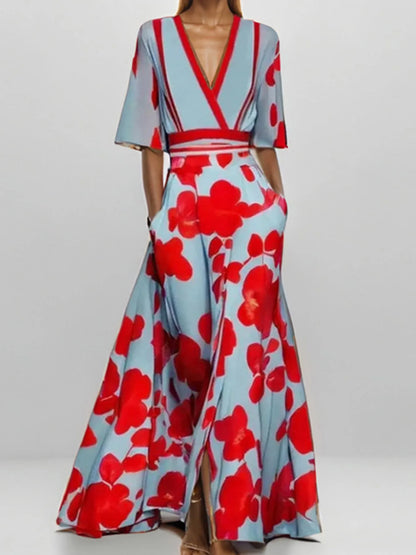 Floral Print Half Sleeve Wrap Maxi Dress