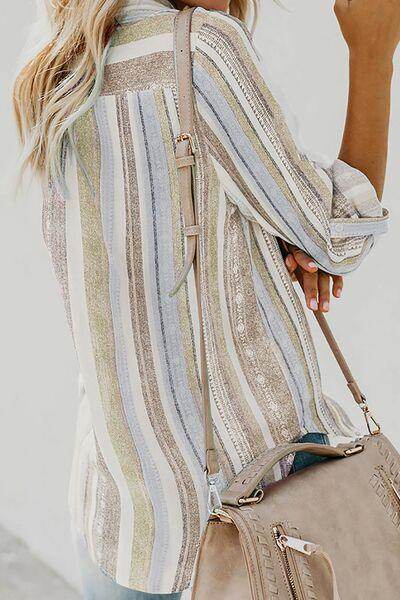 Striped Collared Neck Long Sleeve Shirt for Women Fashion