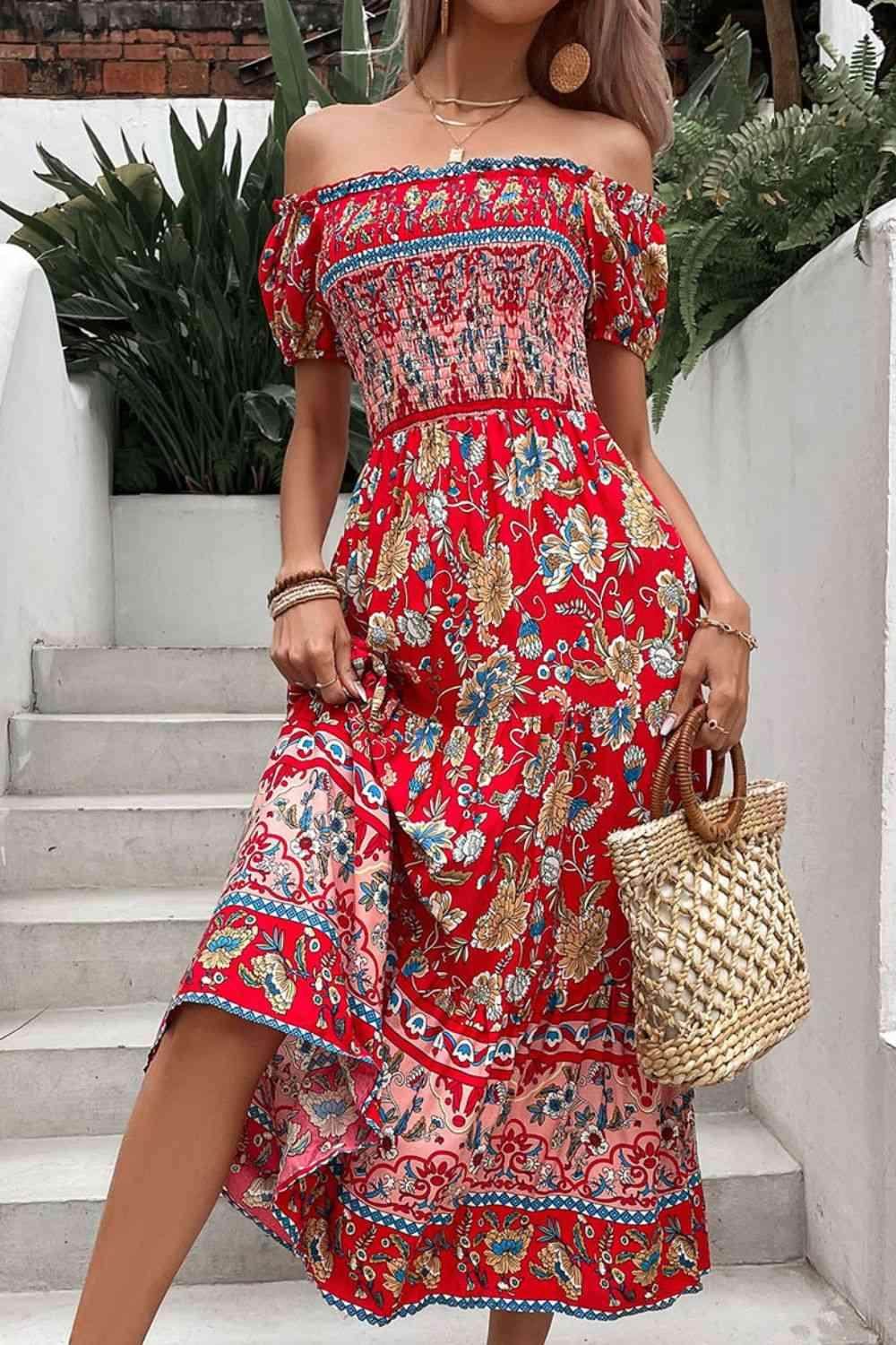 Perfee Floral Off-Shoulder Smocked Midi Dress for Women