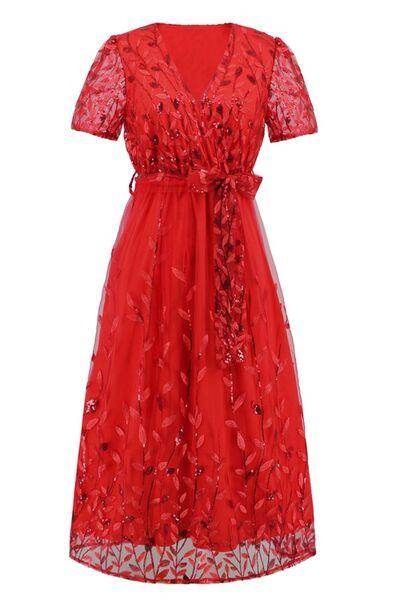 Sequin Leaf Embroidery Tie Front Short Sleeve Dress for Women