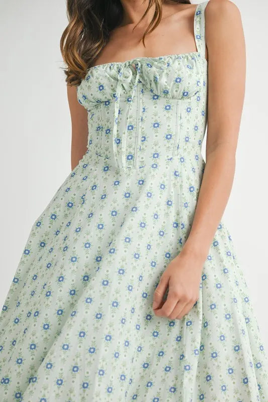 MABLE Floral Print Bustier Back Lace Up Midi Dress