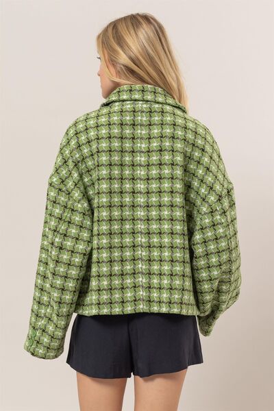 Cute Green Tweed Plaid Button Up Collared Neck Jacket Classic &amp; Elegant Layering Piece Everyday Jacket