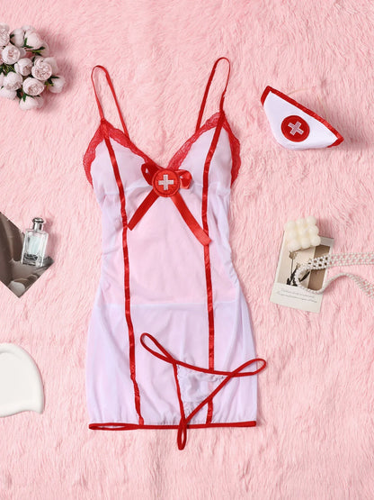 Sexy Sheer Mesh Naughty Nurse Role Play Costume – Color Block Cami Dress, Thong &amp; Hat for Women, Perfect for Intimate Nights