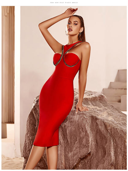 Red Bandage Dress Sleeveless Sexy Celebrity O Neck Hollow Out Dress Vestidos