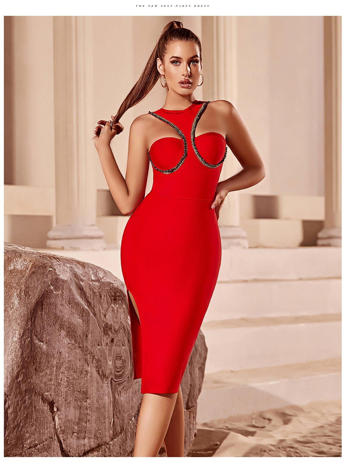 Red Bandage Dress Sleeveless Sexy Celebrity O Neck Hollow Out Dress Vestidos