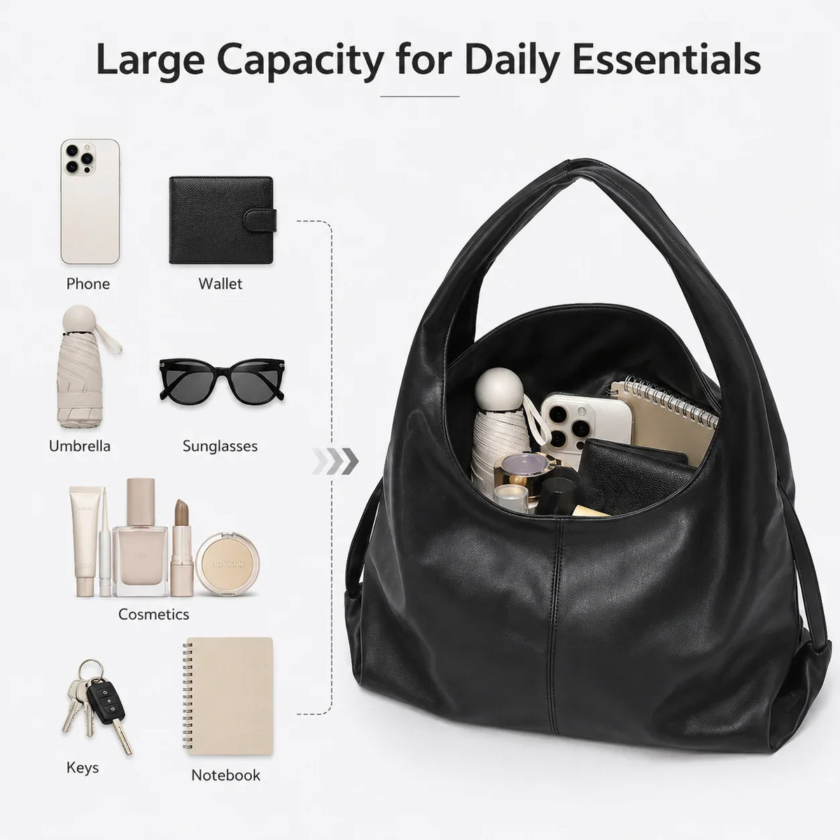 Unbranded Women PU Leather Hobo Shoulder Bag - Large Capacity Daily Commute Tote