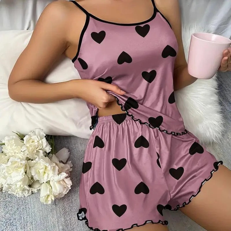 Women Heart Print Pajama Set Spaghetti Strap Cami Top and Shorts Soft Breathable Summer Sleepwear Casual Loungewear Set