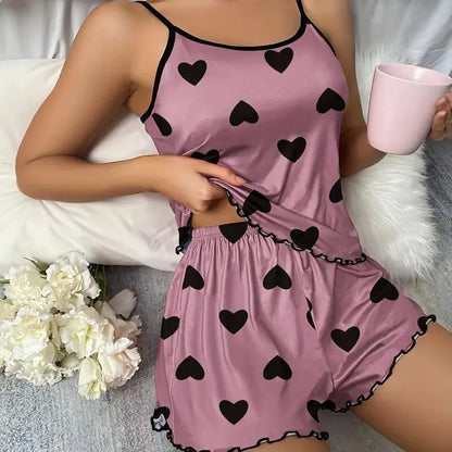 Women Heart Print Pajama Set Spaghetti Strap Cami Top and Shorts Soft Breathable Summer Sleepwear Casual Loungewear Set