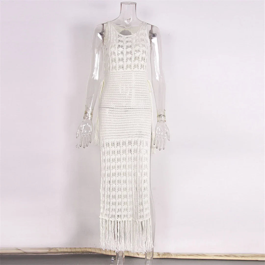 S- XL Sexy Hollow Out Fringe Tassel Knitted Crochet Tunic Beach Cover Up Cover-ups Beach Dress Beach Wear Beachwear Female V3800