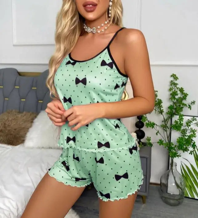 Women Heart Print Pajama Set Spaghetti Strap Cami Top and Shorts Soft Breathable Summer Sleepwear Casual Loungewear Set