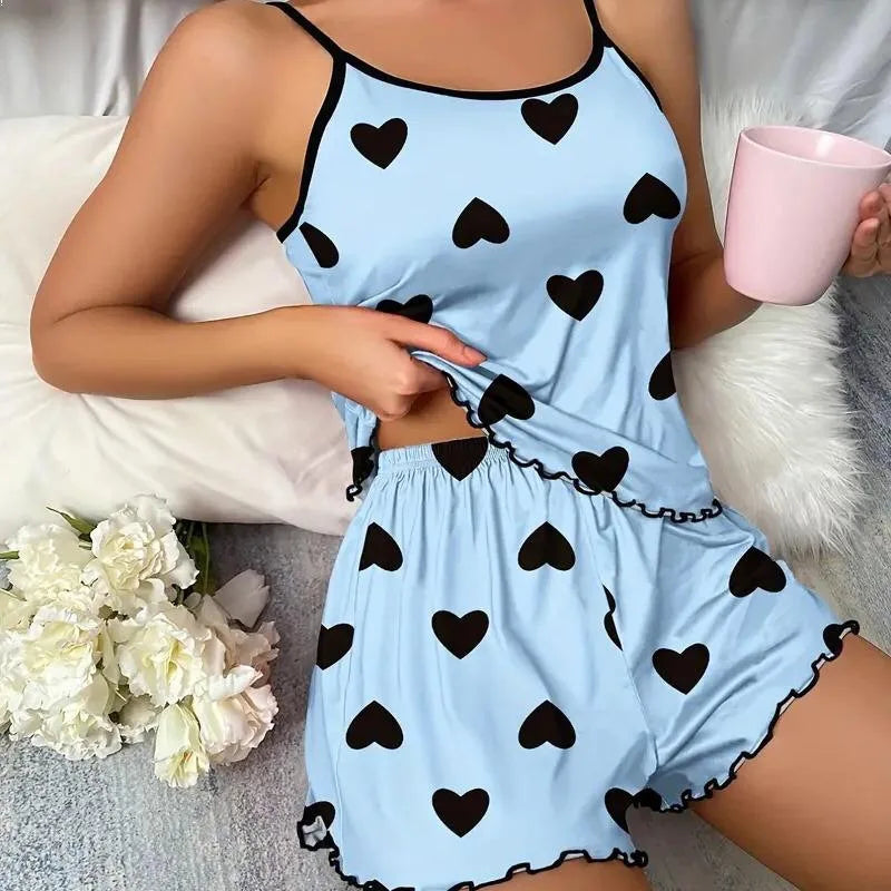Women Heart Print Pajama Set Spaghetti Strap Cami Top and Shorts Soft Breathable Summer Sleepwear Casual Loungewear Set