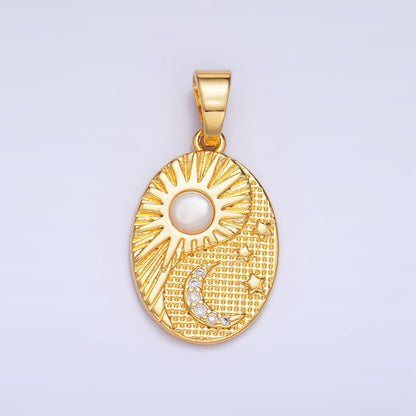 24K Gold Filled Shell Pearl Micro Paved Celestial Sun Moon Oval Pendant in Gold &amp; Silver | AA1021