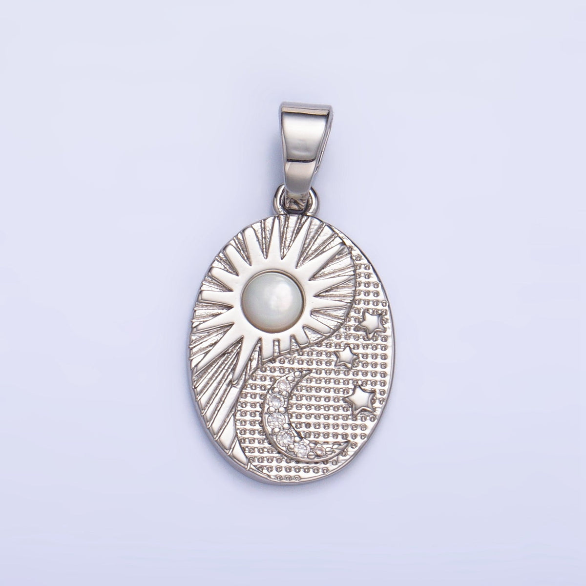 24K Gold Filled Shell Pearl Micro Paved Celestial Sun Moon Oval Pendant in Gold &amp; Silver | AA1021