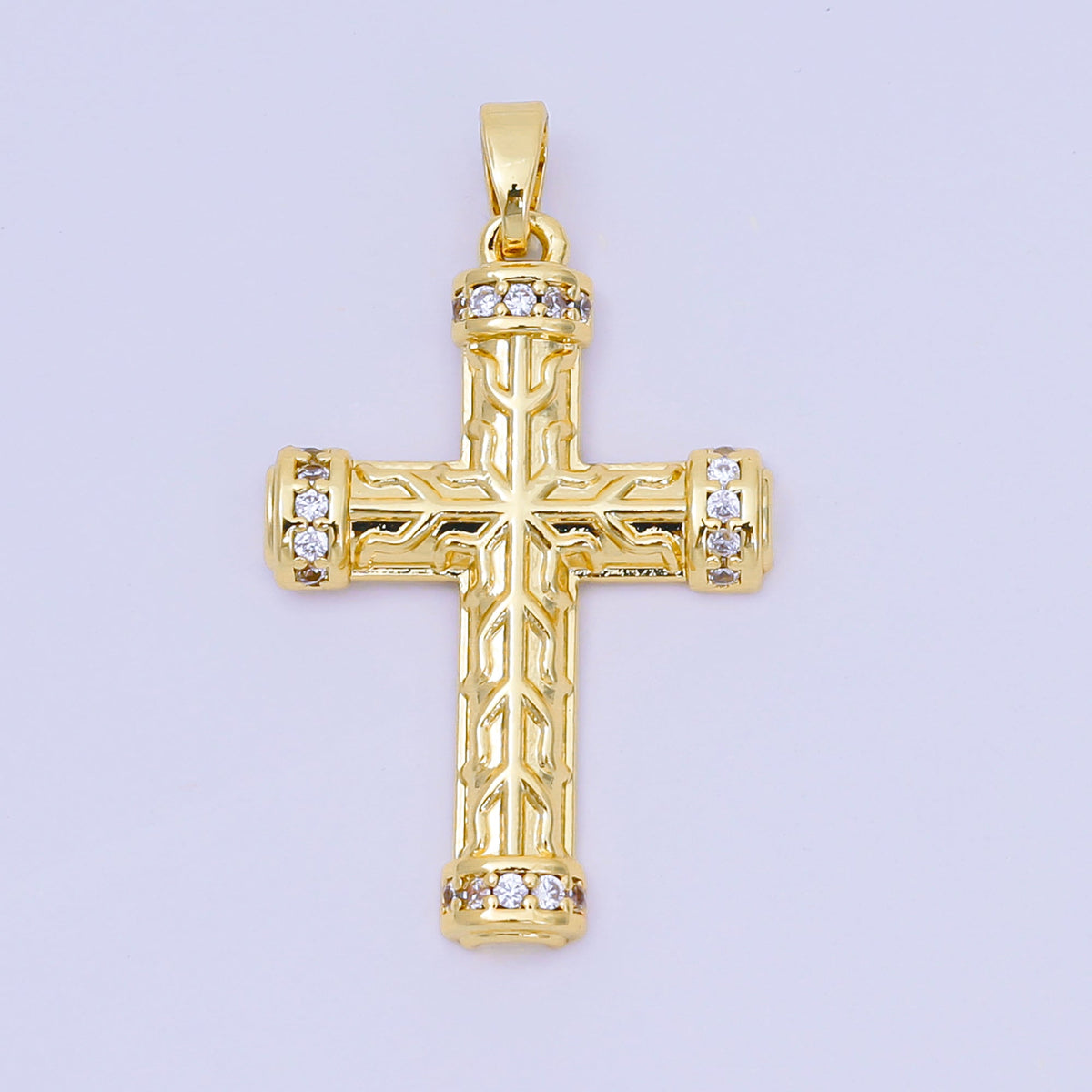 24K Gold Filled 30mm Micro Paved CZ Artisan Geometric Religious Cross Pendant | AA1597