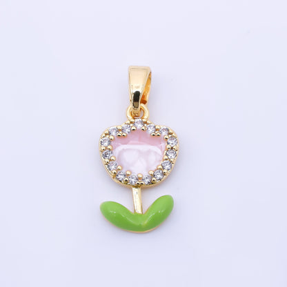 24K Gold Filled 15mm Micro Paved CZ Enamel Pink Rose Flower Pendant | AA1643