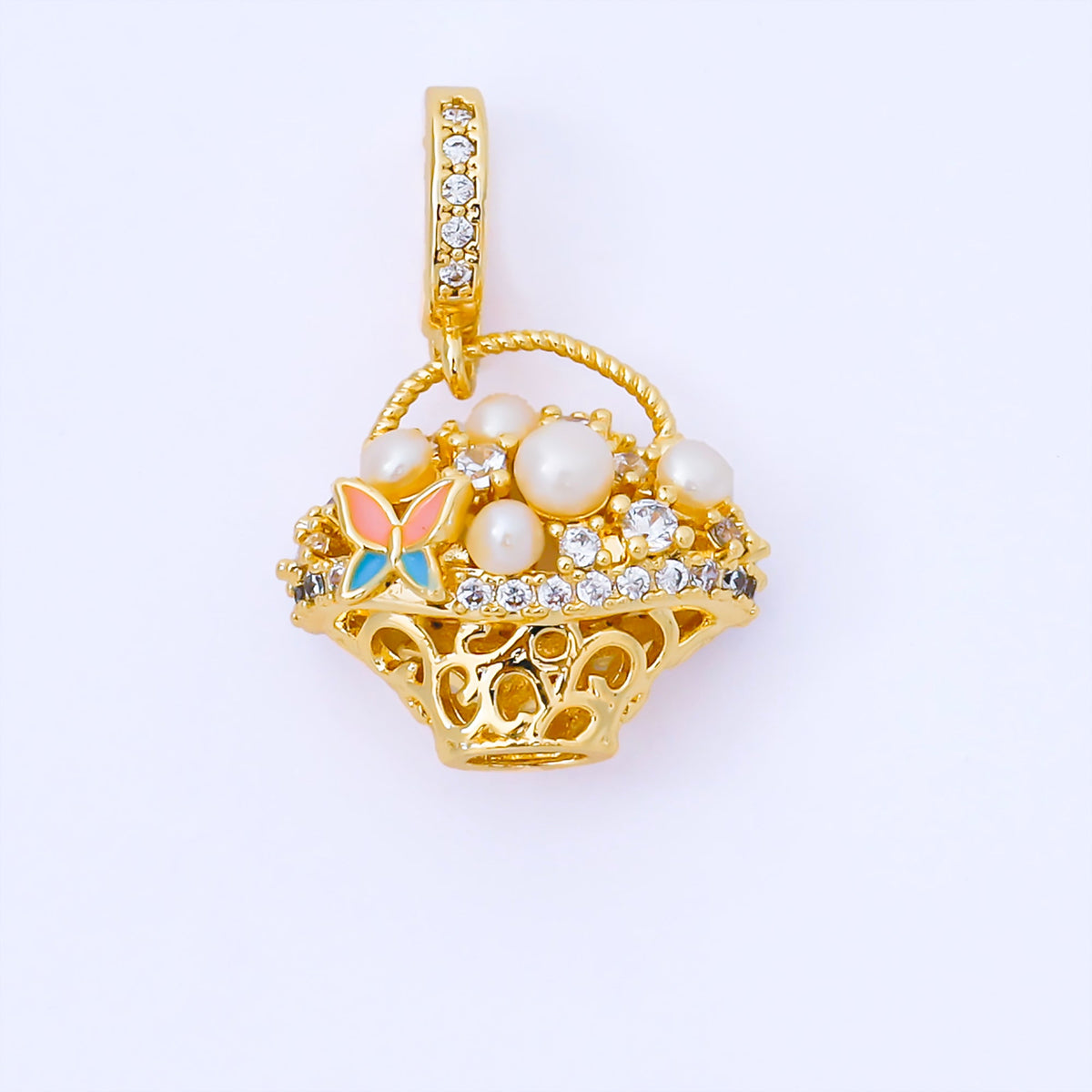 24K Gold Filled 16mm Micro Paved CZ Shell Pearl Picnic Basket Pendant | AA1654