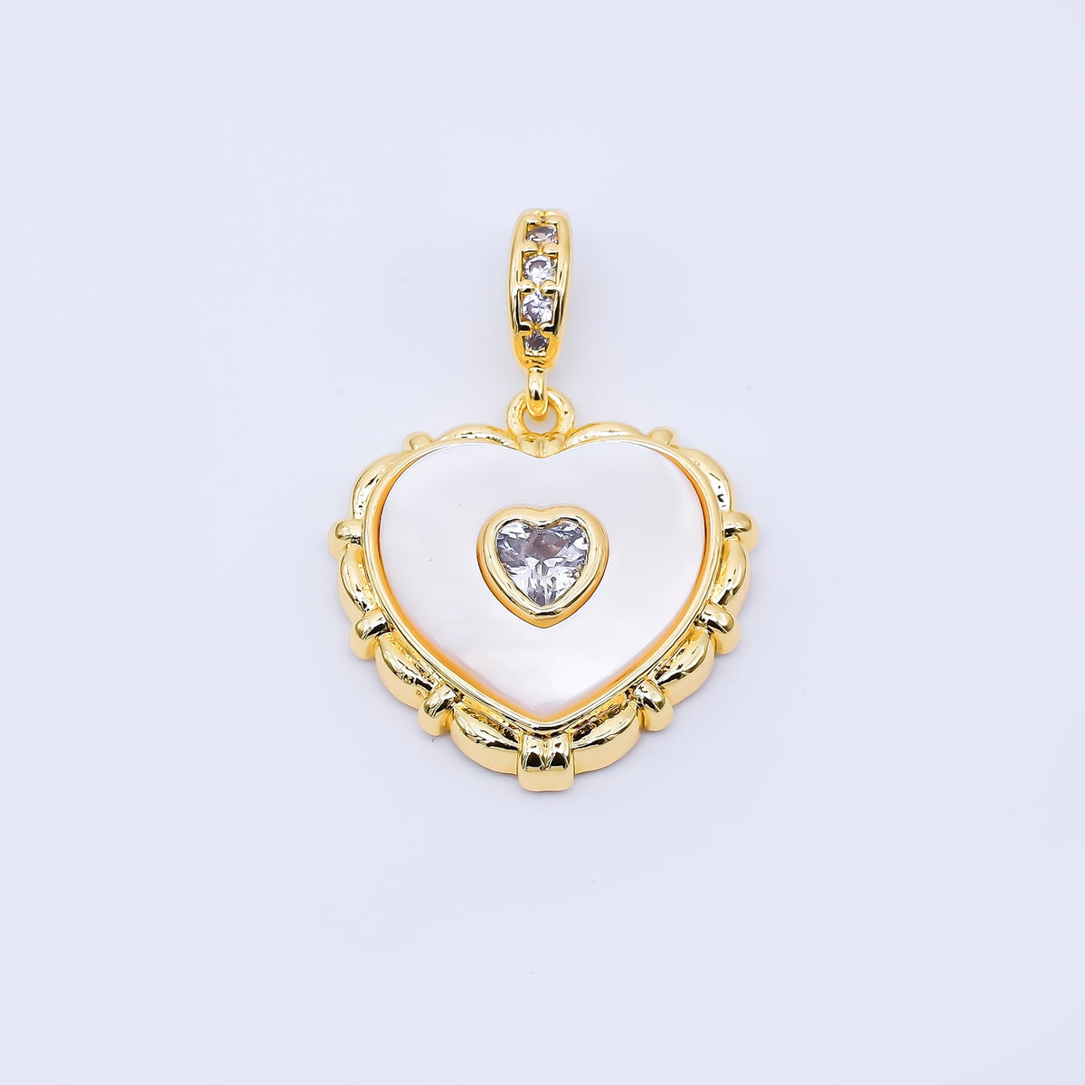 24K Gold Filled 18mm Clear Micro Paved CZ Shell Pearl Bezel Heart Pendant in Gold &amp; Silver | AA1682
