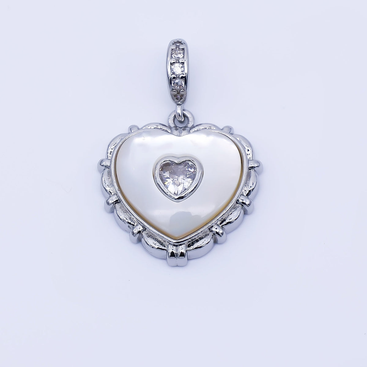 24K Gold Filled 18mm Clear Micro Paved CZ Shell Pearl Bezel Heart Pendant in Gold &amp; Silver | AA1682