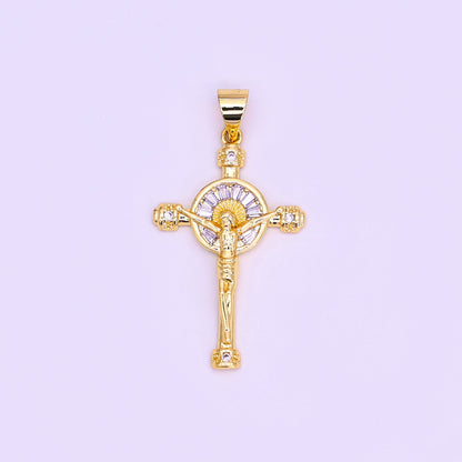 14K Gold Filled Clear Baguette Sun Ray Round Crucifix Cross Pendant | AA611