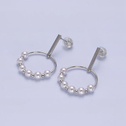 Silver, Gold Round Shell Pearl Bead Circular Drop Linear Stud Earrings | AB1098 AD784