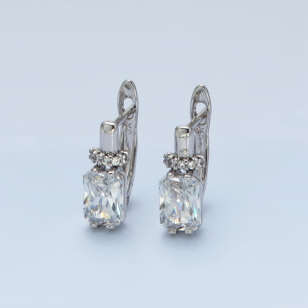 14K Gold Filled Baguette CZ Micro Paved English Lock Hoop Earrings in Gold &amp; Silver | AB1243 AB1244
