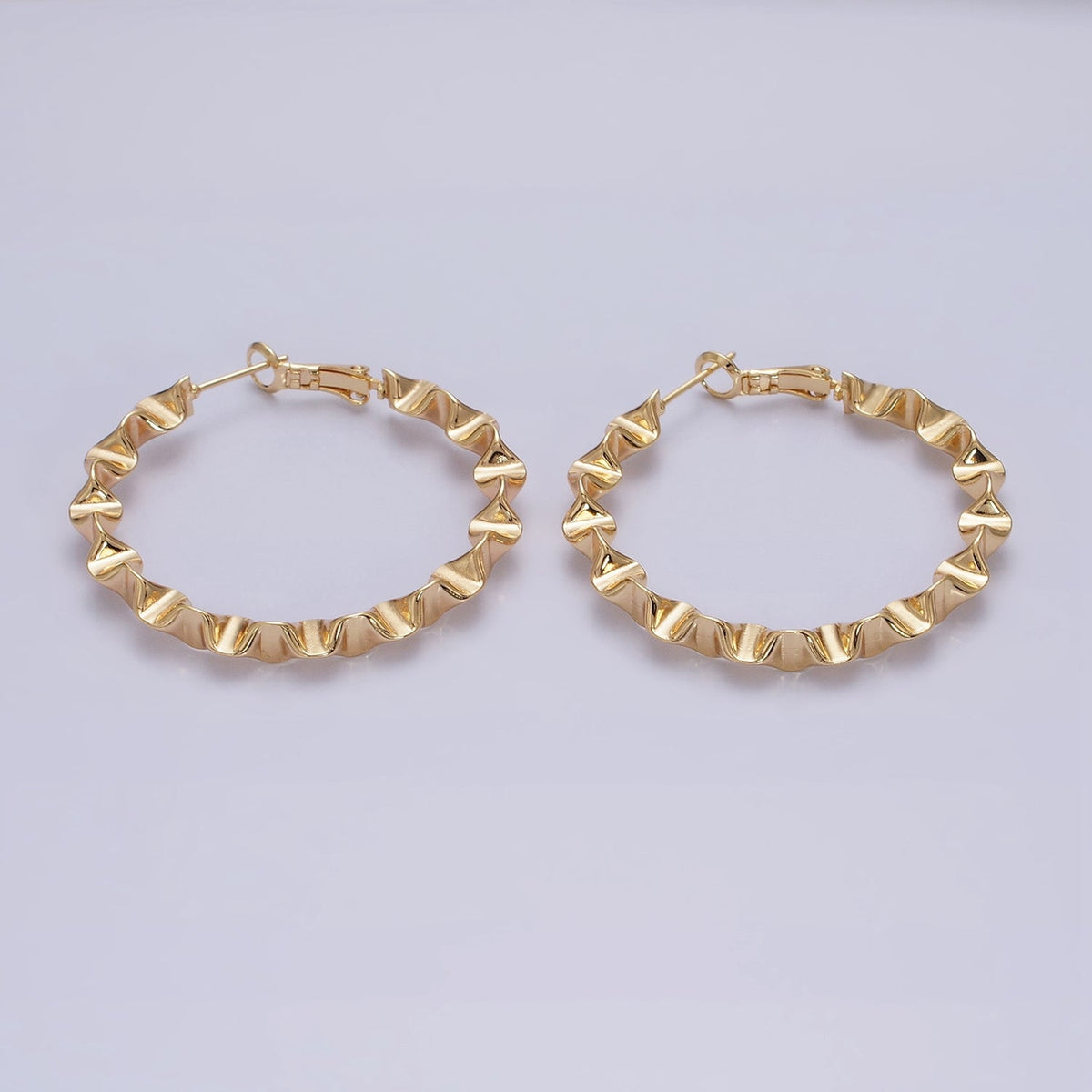 16K Gold Filled 43.5mm Geometric Wavy Foil Hinge Hoop Earrings in Gold &amp; Silver | AB1437 - AB1438