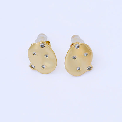 24K Gold Filled 15mm Clear CZ Dotted Hammered Oval Stud Earrings | AB1642