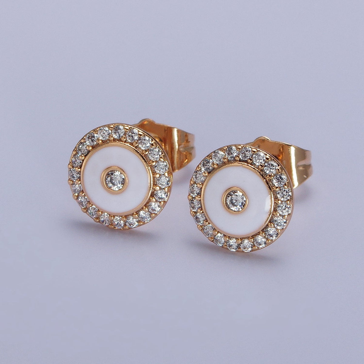 18K Gold Filled 10mm Black, Red, White Enamel Micro Paved CZ Round Stud Earrings | AB290 - AB292