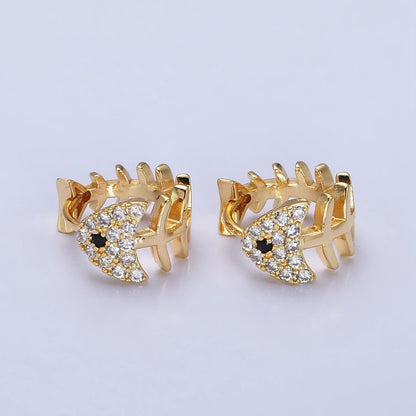 Gold, Silver Black-Eyed Ocean Fish Bone Micro Paved CZ 13mm Huggie Earrings | AB457 AB461