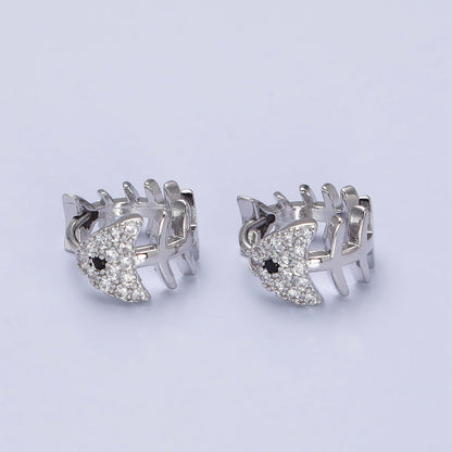 Gold, Silver Black-Eyed Ocean Fish Bone Micro Paved CZ 13mm Huggie Earrings | AB457 AB461