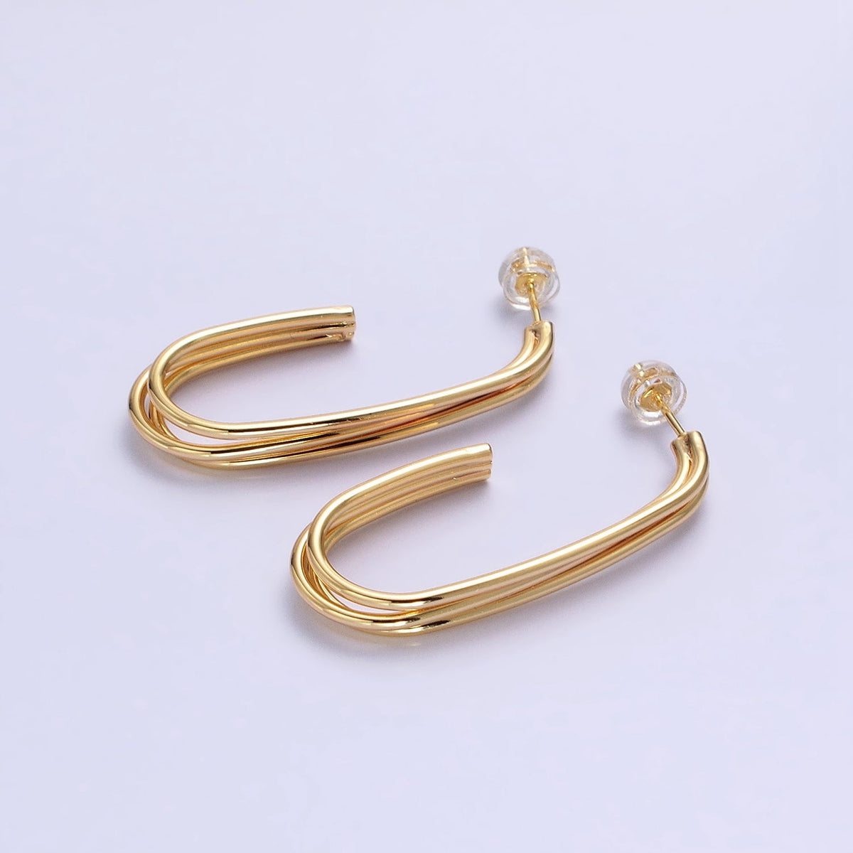 Gold, Silver 40mm Triple Band J-Shaped Geometric Hoop Earrings | AB627 AB628